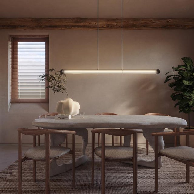 Pendant light in brass with extruded clear glass outer- and frosted glass inner tube. Dimensions: width 1554mm - height...