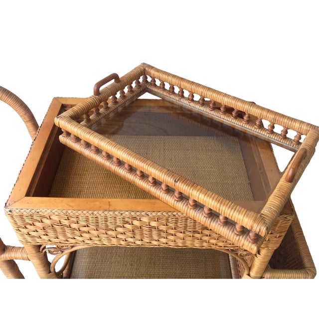 Rare Early 1900’s Heywood Wakefield Rattan & Cane Serving Tea Bar Cart For Sale - Image 10 of 12