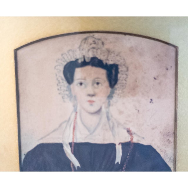 Paper 19th Century Folk Art Americana Miniature Double Portrait Water Color Paintings For Sale - Image 7 of 12