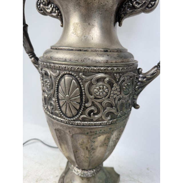 Antique Brass Table Lamp with Silk Shade, 1890s For Sale - Image 4 of 18