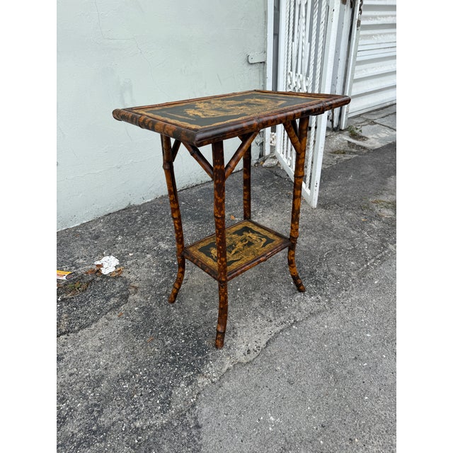 19th C Victorian Chinese Bamboo Table W Fabulous Decorations For Sale - Image 4 of 8