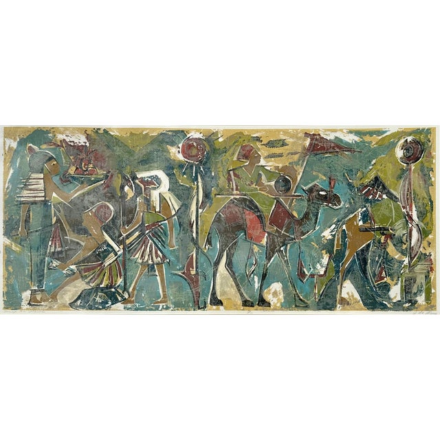 Mid-century modern lithograph by J. Demerio, depicting a stylized scene reminiscent of ancient Egyptian art. Signed and...