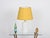 Spectacular midcentury large table lamp in faux bamboo glazed white ceramic completed by a beautiful yellow toned cotton...