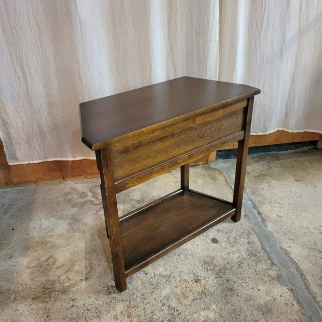 1920s English Oak Carved Drawer Front Angle Sided Table For Sale - Image 14 of 18