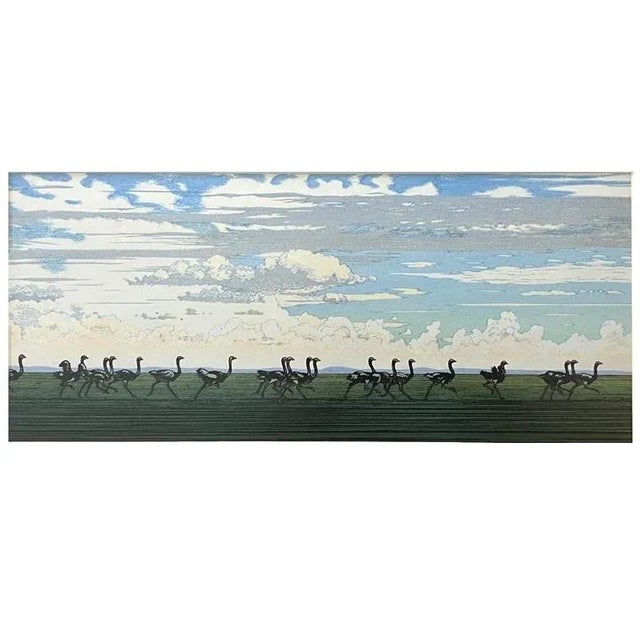 Japanese "Running Ostrich" Japanese Woodblock Print by Yoshida Toshi Circa 1984 For Sale - Image 3 of 8