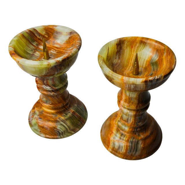 Onyx and Brass Candlesticks, Italy, 1980, Set of 2 For Sale