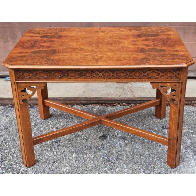 A mid 20th Century Chinese Chippendale Style Burlwood and Mahogany Side Table. Measures 19" in width, 27" in depth and 19"...