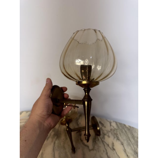 Wall Lamps in Brass and Murano Glass, 1970, Set of 3 For Sale - Image 4 of 11