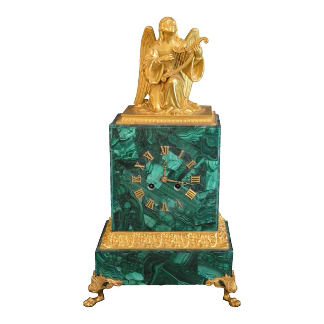 Malachite Clock With Gilded Bronze Angel For Sale