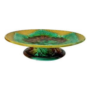 Antique 19th Century English Majolica Yellow Basketweave W/Mottled Green Leaf Compote