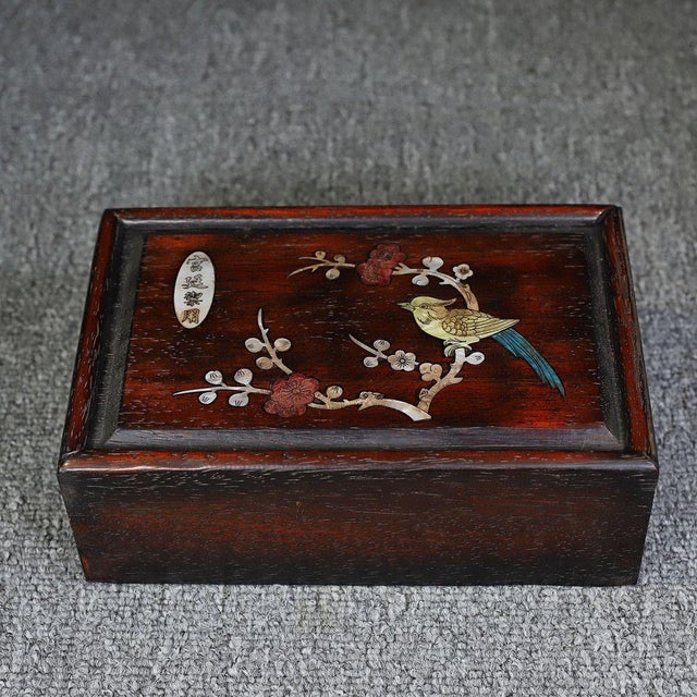 Wood Vintage Chinese Huali Wood Jewelry Box With Mother of Pearl Bird & Flower Inlay For Sale - Image 7 of 9