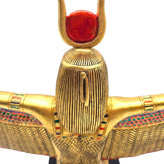 Monumental Egyptian Revival Statue of Goddess Isis With Open Wings and Gold Red Detailing – 21.5" Wide For Sale - Image 11 of 15