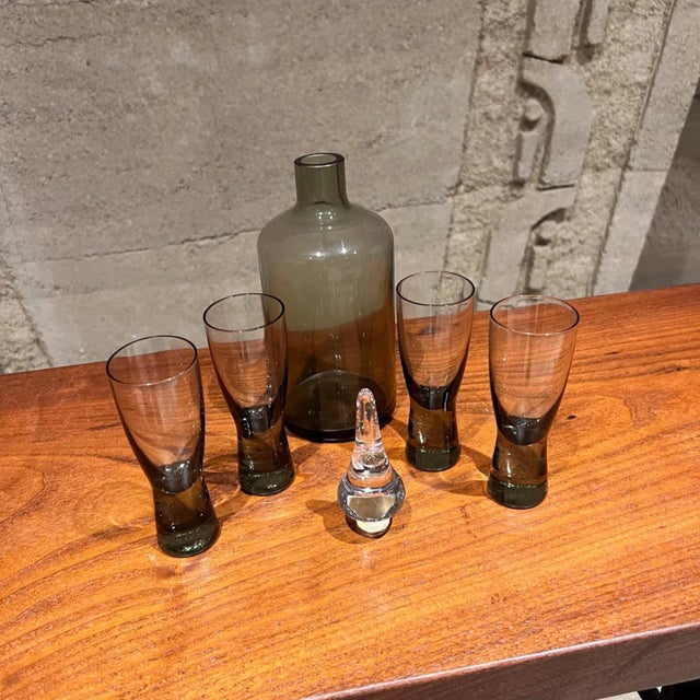 Mid-Century Modern Smoke Glass Decanter Set With Four Shot Glasses Scandinavian For Sale - Image 9 of 11