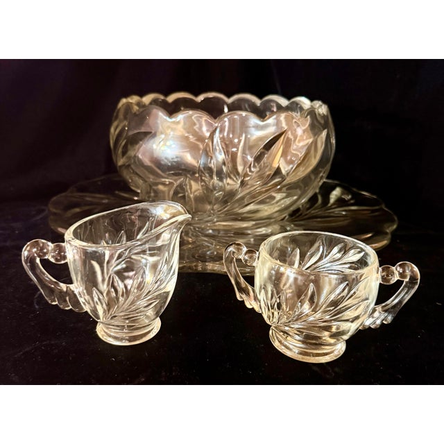 Mid 20th Century Indiana Glass Willow Punch Bowl Set With Cream and Sugar Set - Set of 4 For Sale - Image 9 of 12