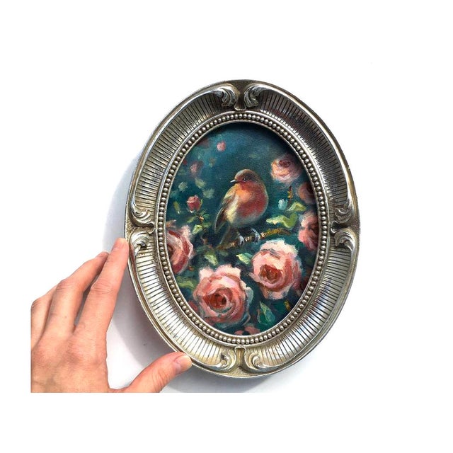 Framed Original Painting Robin Bird Roses Oval Wall Decor by Artist Valeriya Serova For Sale - Image 4 of 9
