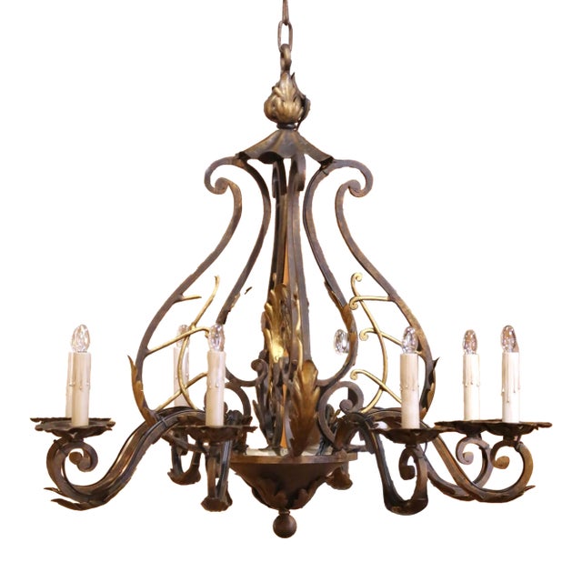 Mid Century French Louis XV Verdigris & Gilt Wrought Iron Eight-Light Chandelier For Sale