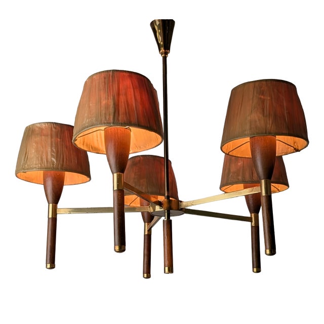 Danish 5-Arm Chandelier in Wood and Brass, 1950s For Sale