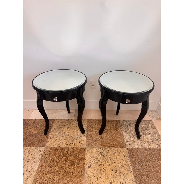 Pair of Vintage Black Lacquer Round Side Tables With Beveled Mirrored Tops, Ralph Lauren Mayfair Style For Sale - Image 11 of 12