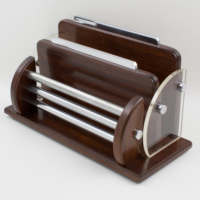 Brown Macassar, Chrome and Lucite Desk Accessory Letter Holder, circa 1940 For Sale - Image 8 of 14