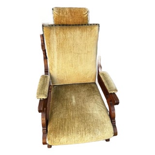 Antique 1880s Victorian Eastlake Platform Rocking Chair - Solid Walnut & Gold Velvet For Sale