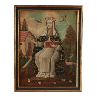 Antique Religious Mexican Painting of a Female Saint For Sale