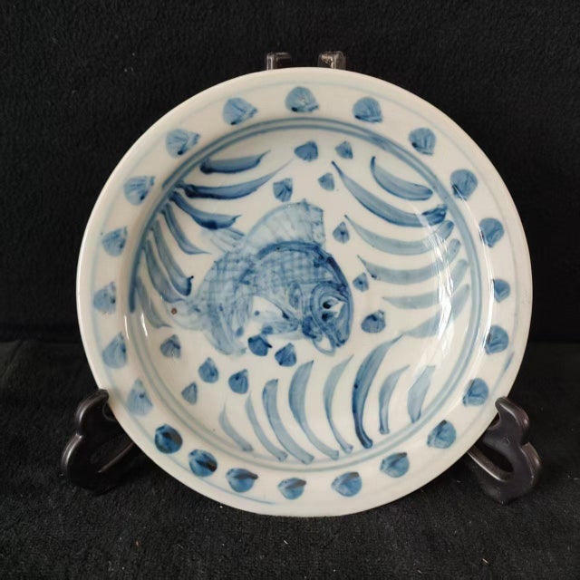 Chinese Ceramic Plate,Blue and White Porcelain Plate Hand Painted Fish Pattern For Sale - Image 4 of 11