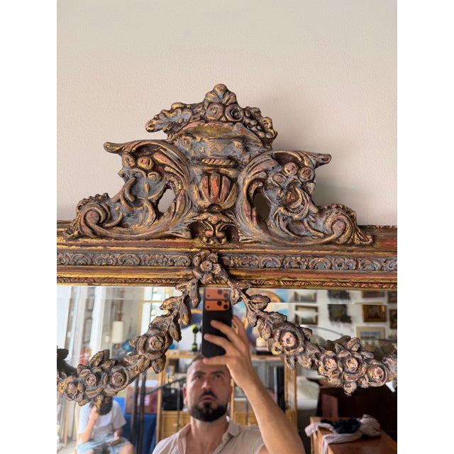 Wood Antique 19th Century French Rococo Distressed Giltwood Wall Mirror For Sale - Image 7 of 12