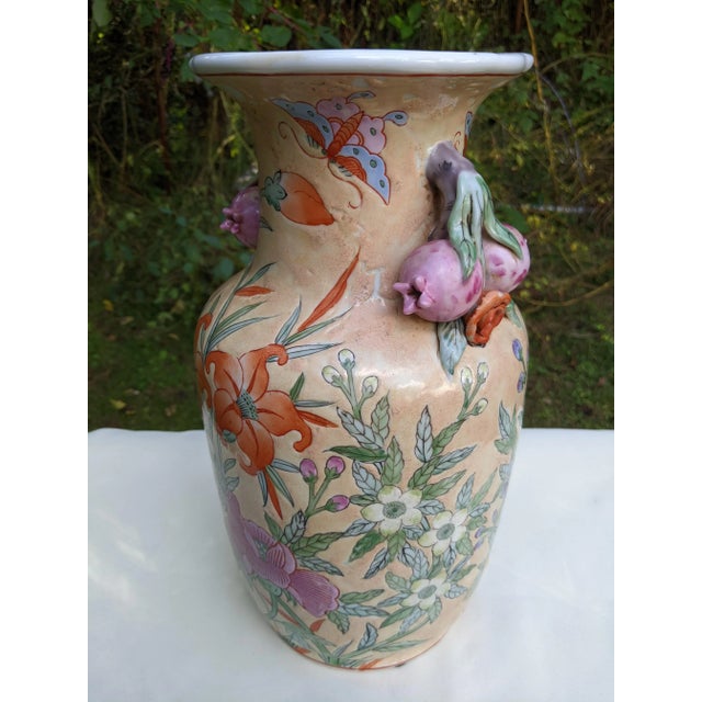 Vintage Chinese Ceramic Vase W/Butterflies, Flowers & Pomegranate Fruit Handles For Sale - Image 4 of 12