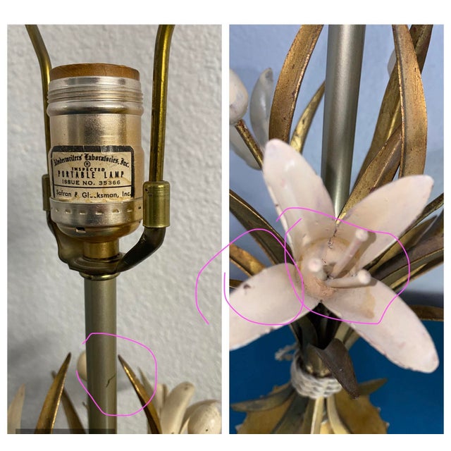 1960s Safran & Glucksman Italian Hollywood Regency Tole Table Lamp & Shade Gold & Beige For Sale - Image 11 of 11