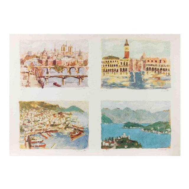 Lithograph on wove paper, realized in 1980s. Hand signed under each image. Excellent condition. In Vedute italiane, Franco...