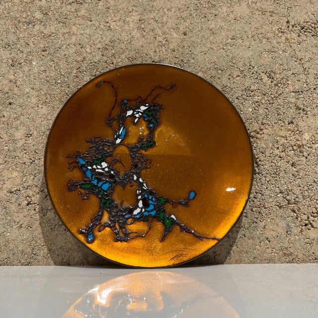 1960s Modernist Gold & Blue Copper Enamel Plate Abstract Design by Margot Dohan For Sale In San Diego - Image 6 of 8