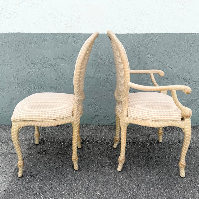 French Provincial Carved Wooden Twisted Rope Dining Chairs by Andre Originals - Set of 5 For Sale In West Palm - Image 6 of 11