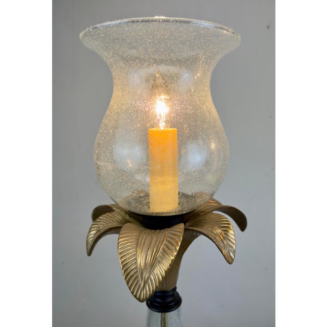 Hollywood Regency Vintage Hollywood Regency Coastal Brass Palm Hurricane Shade Frederick Cooper Style Table Lamps - a Pair For Sale - Image 3 of 11