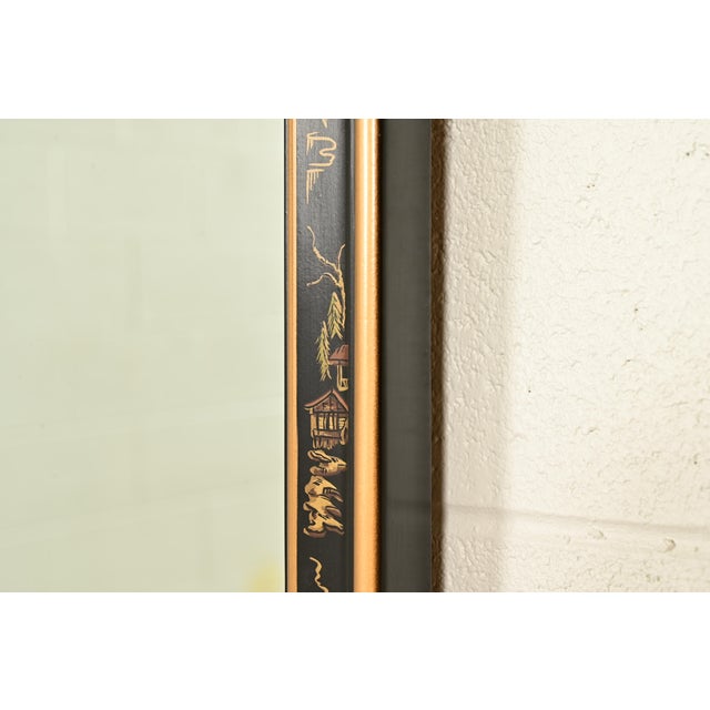 Wood Drexel Heritage Hollywood Regency Chinoiserie Hand-Painted Black Lacquered Tall Wall Mirror For Sale - Image 7 of 12