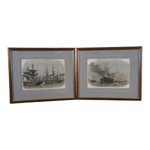 Set of 2 Smyth & Weedon Antique Nautical Maritime Galleon Ship Engravings 22"