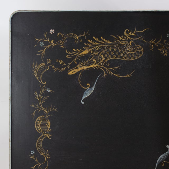 Pair of Vintage Black Lacquer Chinoiserie Side Tables With Gilt Peacock and Floral Motif For Sale - Image 14 of 17