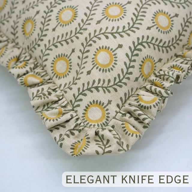 Farmhouse Boho Floral Block Print Frill Pillow Cover Handmade Artisan Decorative Throw 24x24 Inch- Laher For Sale - Image 3 of 6