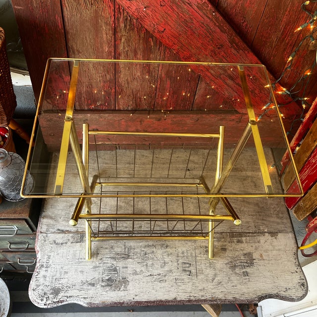 Vintage Brass & Glass Magazine Rack With Tempered Glass Top Mid-Century Modern Style For Sale - Image 12 of 17