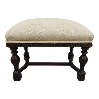 Antique Beige Upholstered and Carved Footstool For Sale