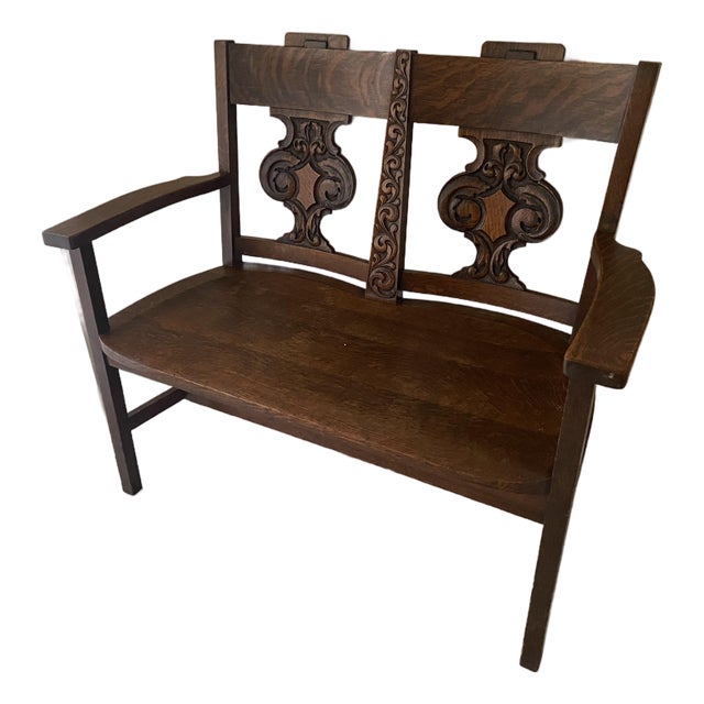 Antique Grand Rapids Oak Arts & Crafts Double Chair / Settle Bench, C. 1920s For Sale