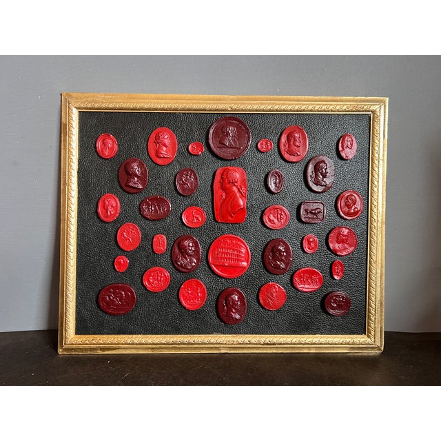 #156 Grand Tour Revival Waxed Red Intaglio Arrangement on the Leather in Gilt Frame For Sale - Image 4 of 12