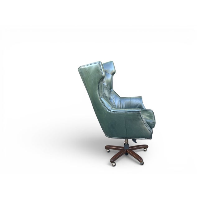 English 1960s English Traditional Distressed Green Leather Wingback Executive Swivel Chair For Sale - Image 3 of 12