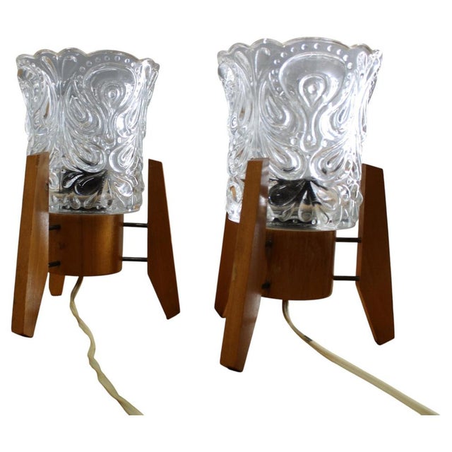 Mid-Century Czech Wood and Glass Table Lamps, 1970s, Set of 2 For Sale - Image 11 of 11