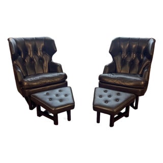 1950s Edward Wormley for Dunbar Janus Collection Wingback Lounge Chair & Ottoman in Black Leather For Sale