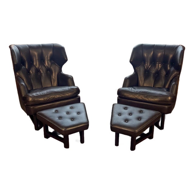 1950s Edward Wormley for Dunbar Janus Collection Wingback Lounge Chair & Ottoman in Black Leather For Sale