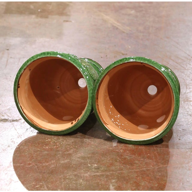 Green Pair of French Handmade Green Glazed Terracotta Anduze Planters by La Madeleine For Sale - Image 8 of 9