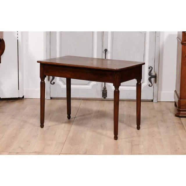 Italian 1890s Walnut Side Table with Elm Marquetry Star, Drawer and Turned Legs For Sale - Image 11 of 12