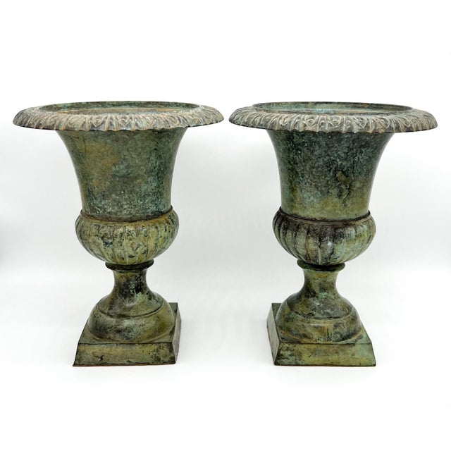 French 20th Century French Style Green Verdigris Cast Iron Urns With Patina - A Pair For Sale - Image 3 of 9