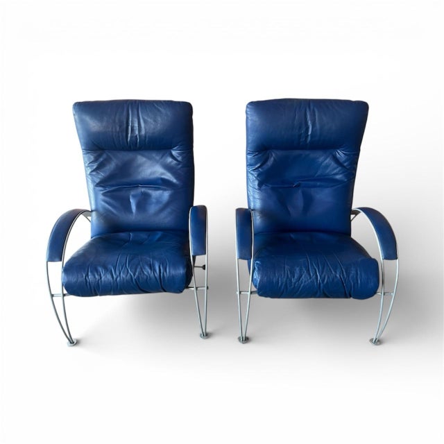 Mid-Century Modern Pair of Vintage Lafer Billie Blue Leather Lounge Chairs, Brazil For Sale - Image 3 of 11