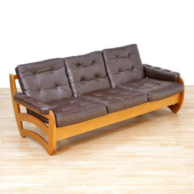 1970s Brown Leather Sofa Teak Sculptural Form For Sale In Los Angeles - Image 6 of 15